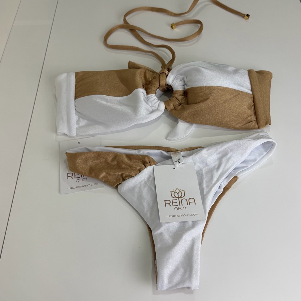 Reina Olga Free People Gold White Knot Bandeau Bikini Set Eurocore S NWT